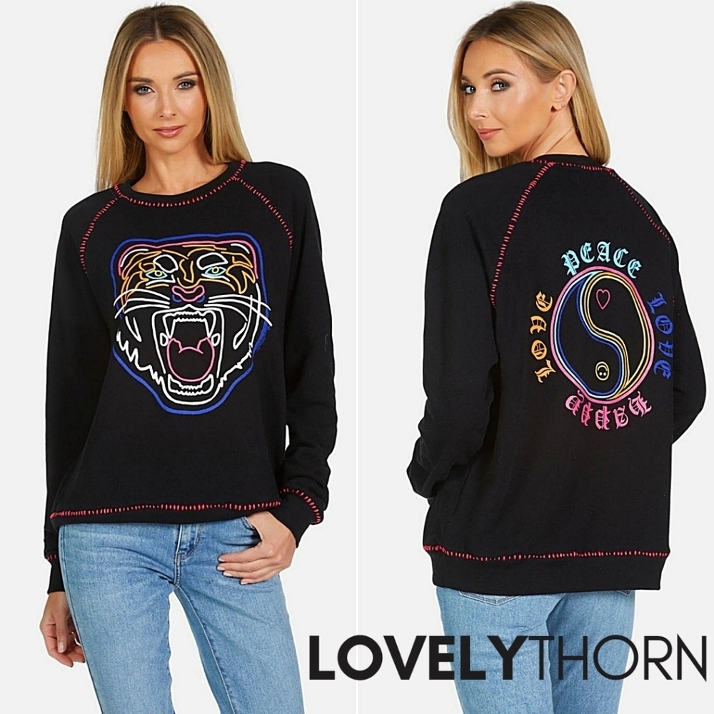 LAUREN MOSHI // ltd ed jocelyn neon line tiger super soft drop shoulder pullover - Picture 2 of 7